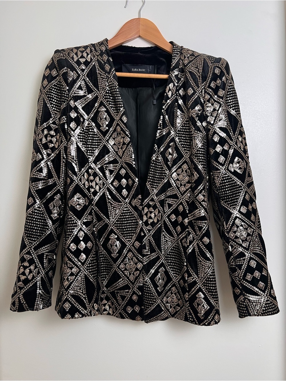 Zara Black Velvet Sequin Blazer Art Deco Evening Jacket S